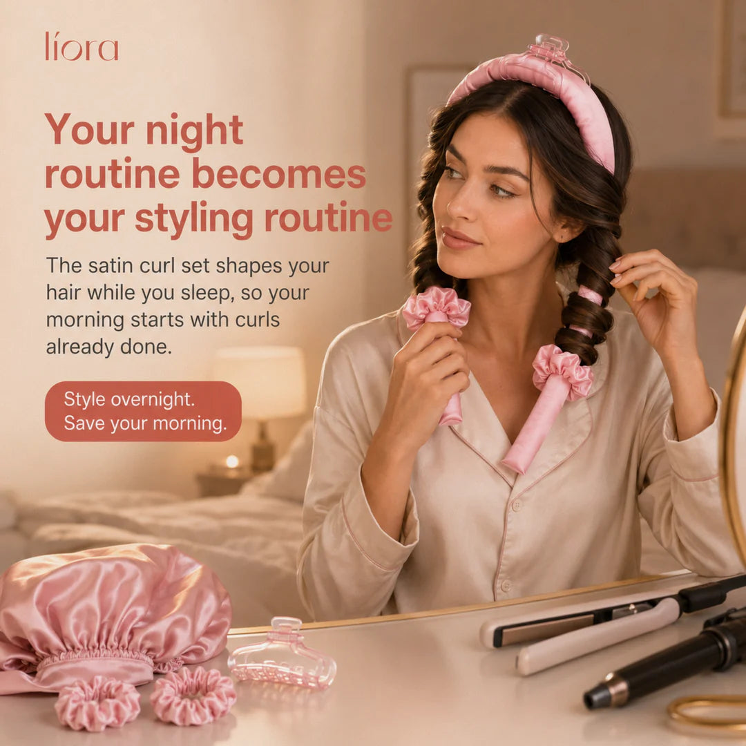 Líora Overnight Curl Set — curling rod and satin cap detail