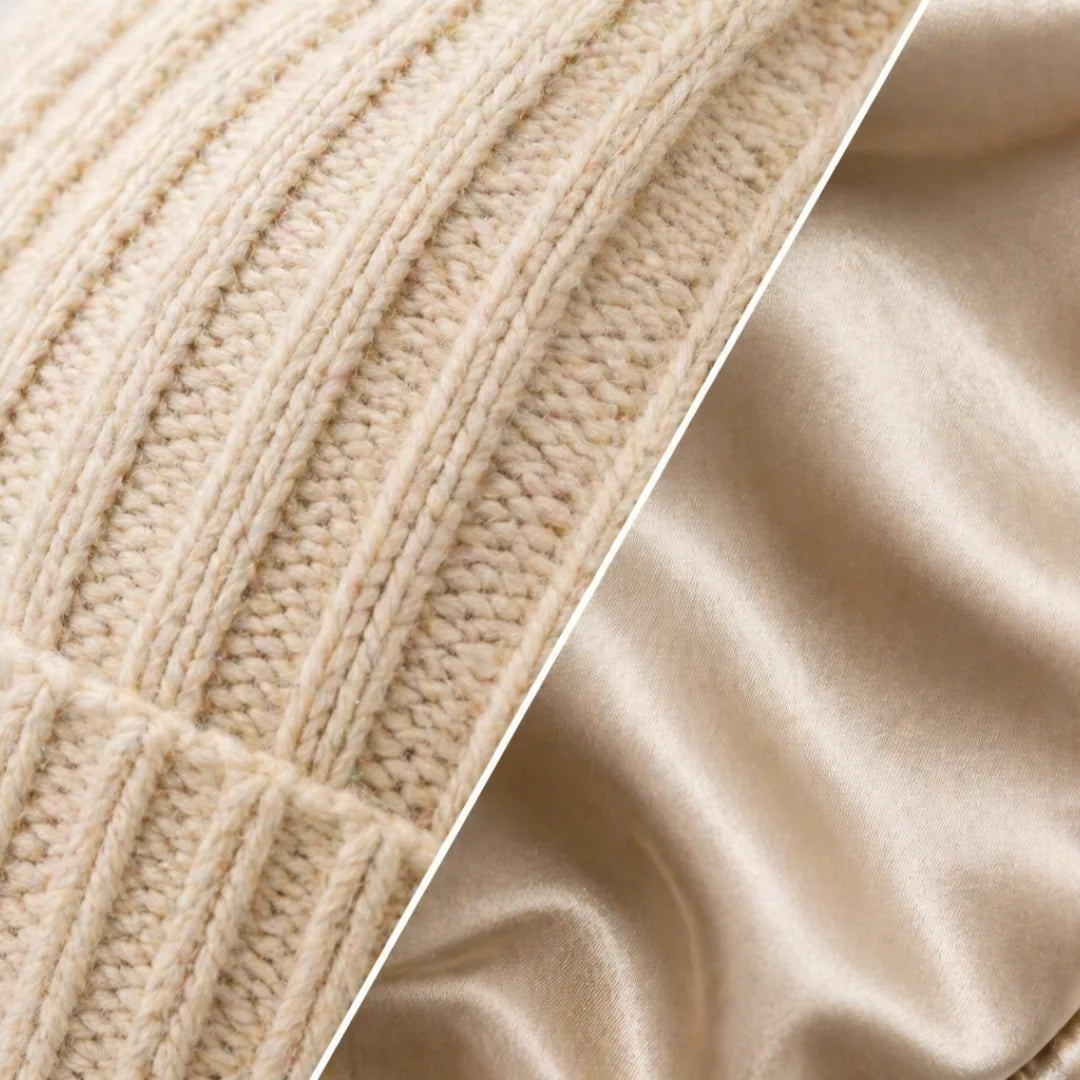 Líora Satin Silk Beanie — knit and satin texture detail