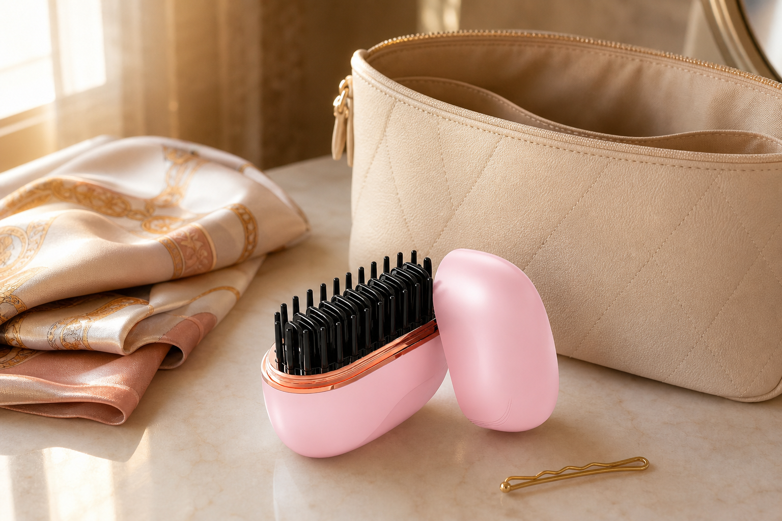 Pink Flat Control brush beside a compact cream travel bag
