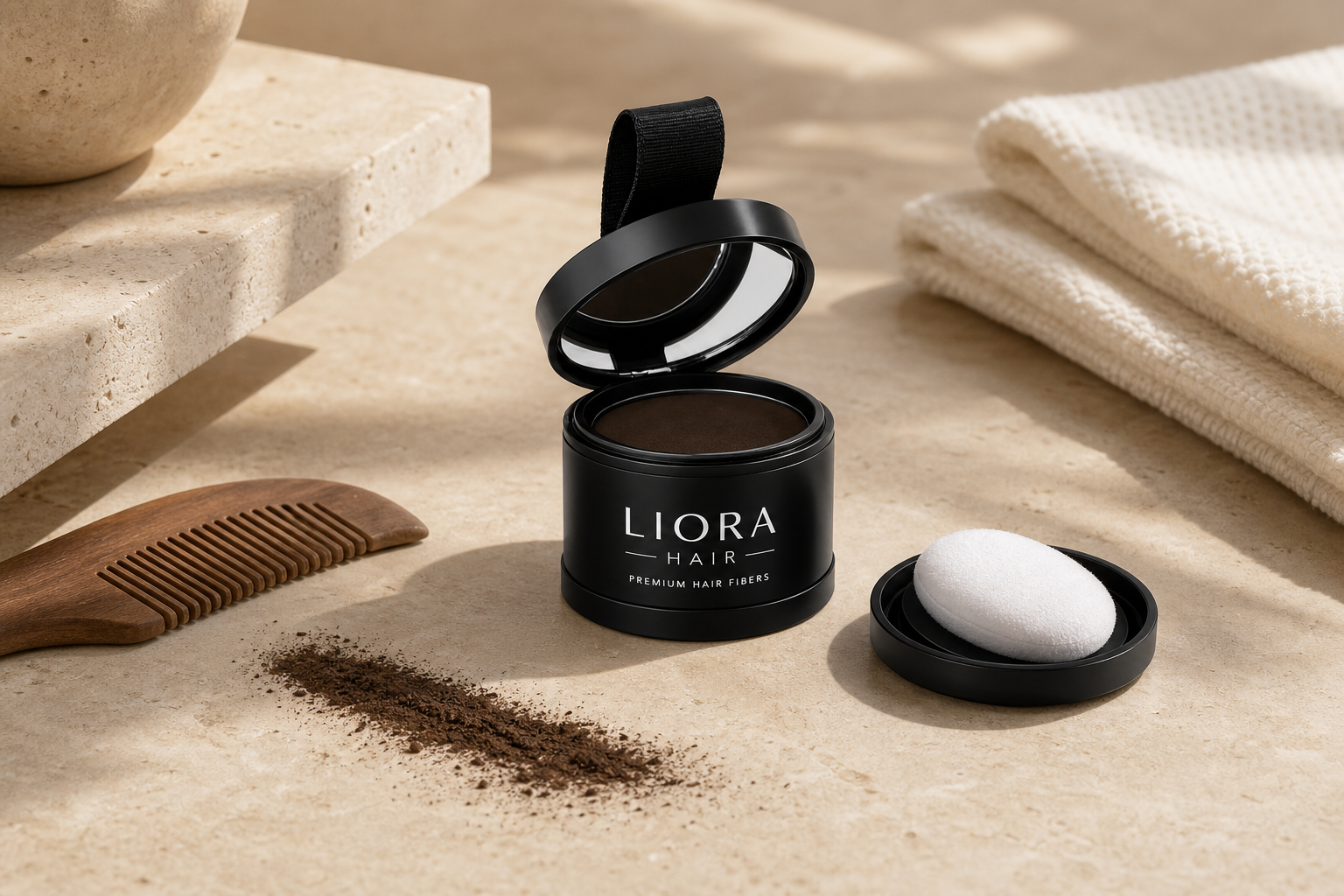 Líora Hair compact, applicator and cosmetic fibers on a warm vanity