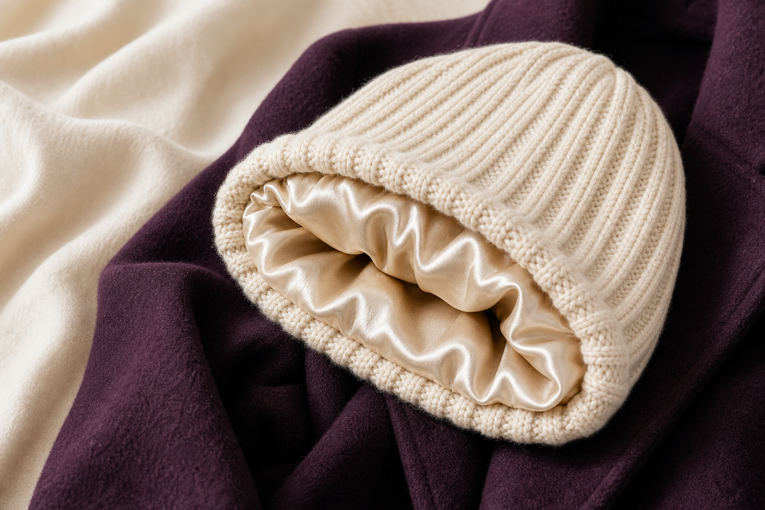 Close view of cream knit and champagne satin beanie materials